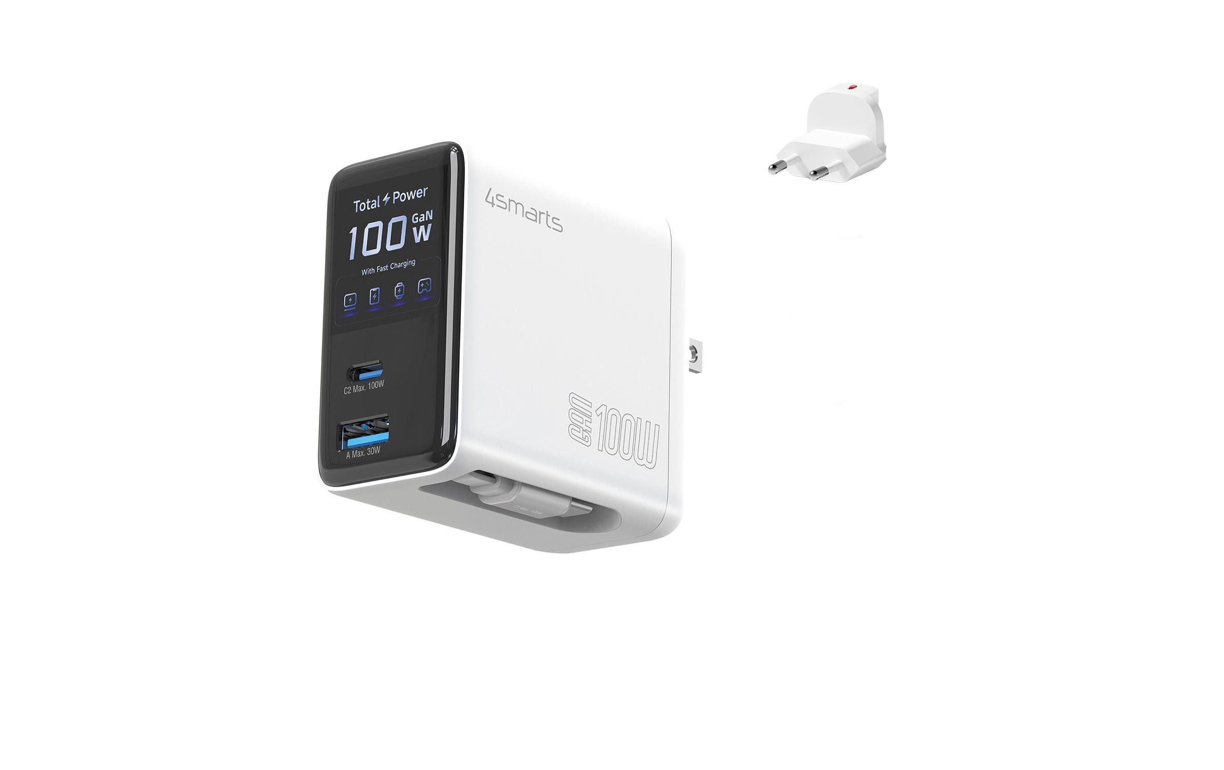 4smarts Ladegerät GaN Flex Screen AI 100W 2 USB-C+1 USB-A , weiss