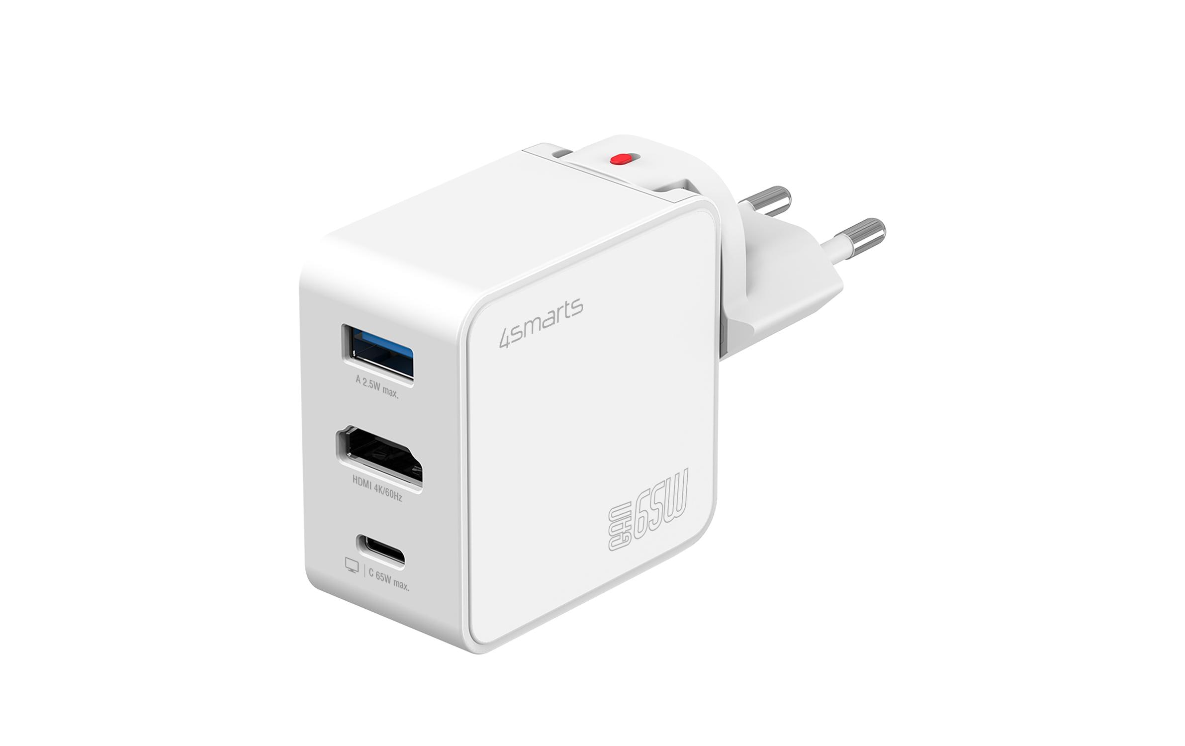 4smarts USB-Wandladegerät 3in1 HDMI Hub GaN Flex 65W Weiss